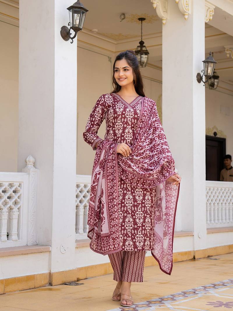maroon rayon blend ethnic motifs printed straight kurta trouser with dupatta