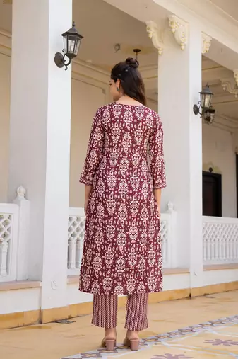maroon rayon blend ethnic motifs printed straight kurta trouser with dupatta