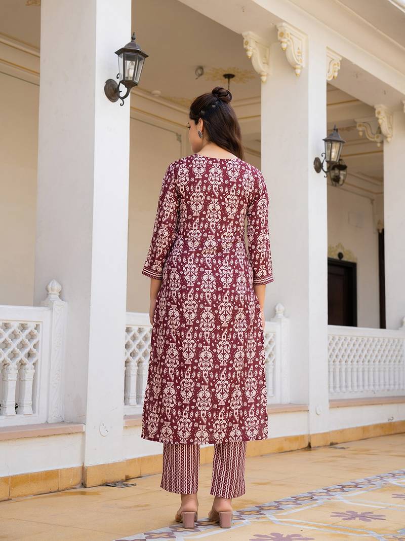 maroon rayon blend ethnic motifs printed straight kurta trouser with dupatta