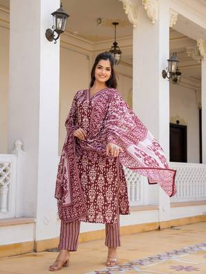 maroon rayon blend ethnic motifs printed straight kurta trouser with dupatta 5