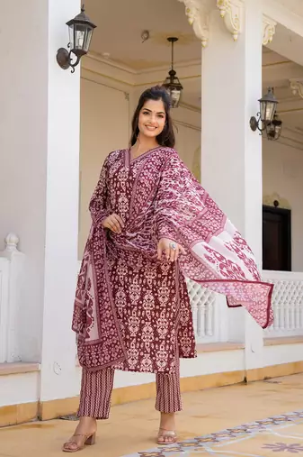 maroon rayon blend ethnic motifs printed straight kurta trouser with dupatta
