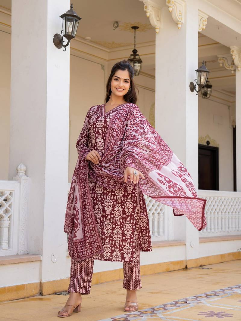 maroon rayon blend ethnic motifs printed straight kurta trouser with dupatta