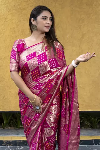 Pink Bandhej Banarasi Style of silk Bland zari weaaving saree with Blouse