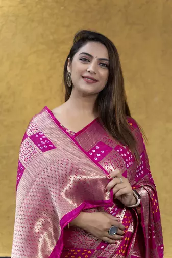 Pink Bandhej Banarasi Style of silk Bland zari weaaving saree with Blouse