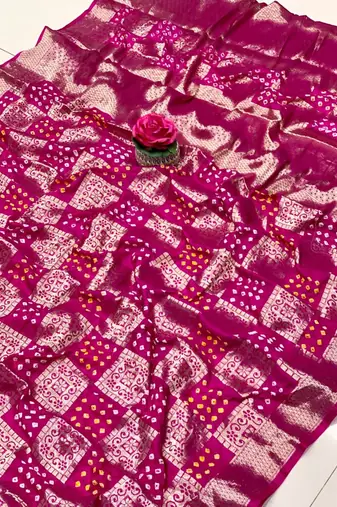 Pink Bandhej Banarasi Style of silk Bland zari weaaving saree with Blouse