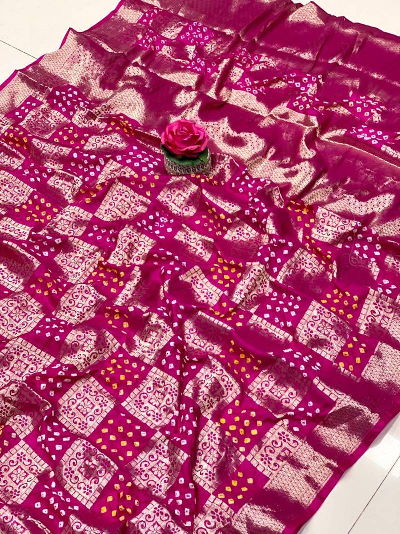 Pink Bandhej Banarasi Style of silk Bland zari weaaving saree with Blouse