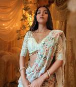 Cream Colour Georgette Fabric Trending Saree With Heavy Work Un-Stitched Blouse