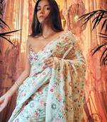 Cream Colour Georgette Fabric Trending Saree With Heavy Work Un-Stitched Blouse