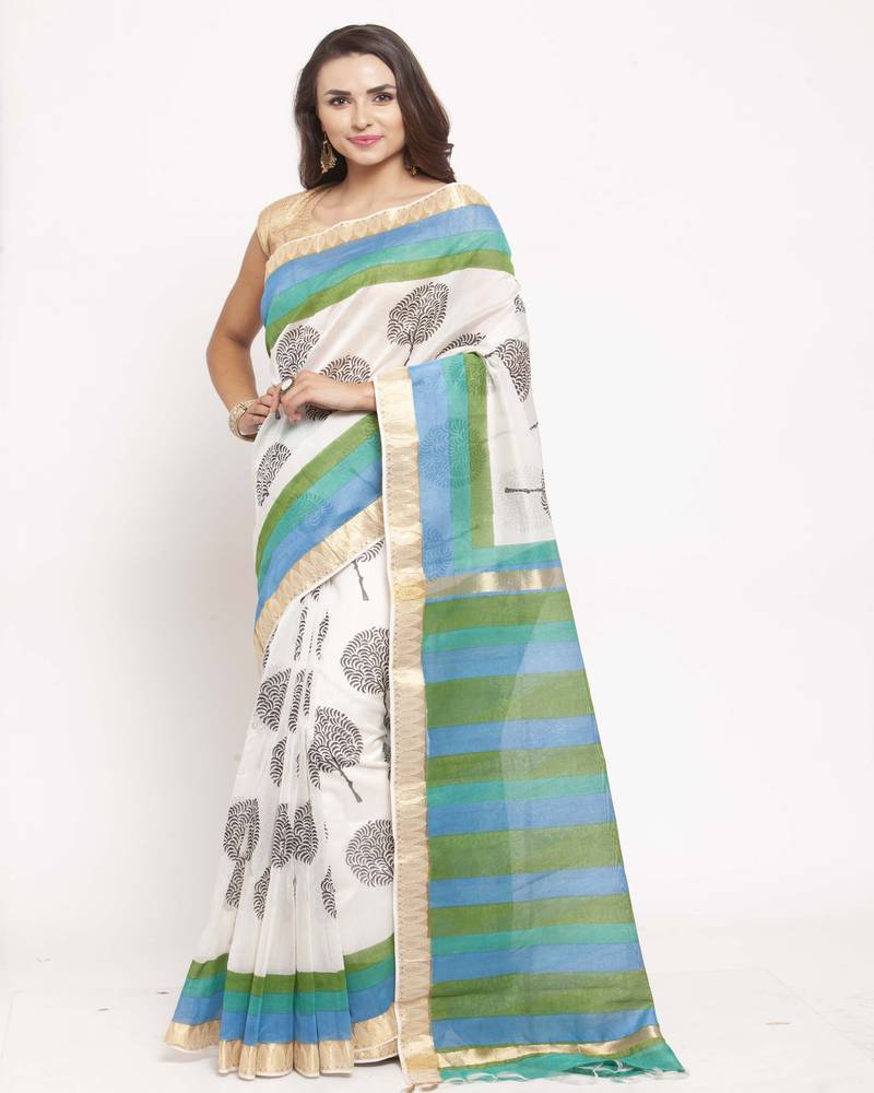 Ethnic Motifs Printed Zari Silk Cotton Bagru Saree