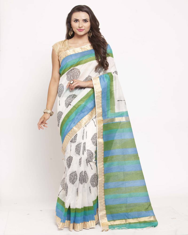 Ethnic Motifs Printed Zari Silk Cotton Bagru Saree