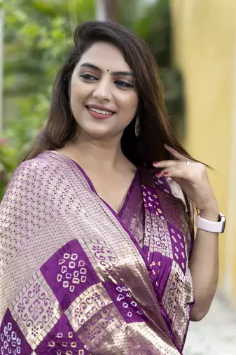 Purple Bandhej Banarasi Style of silk Bland zari weaaving saree with Blouse
