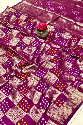 Purple Bandhej Banarasi Style of silk Bland zari weaaving saree with Blouse