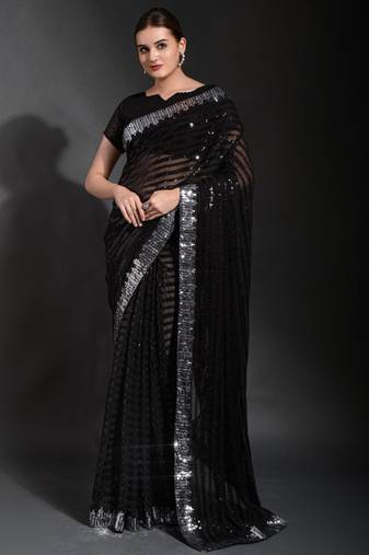 Black Georgette Sequence Party Wear Saree