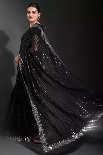 Black Georgette Sequence Party Wear Saree