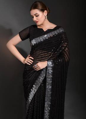 Black Georgette Sequence Party Wear Saree 3