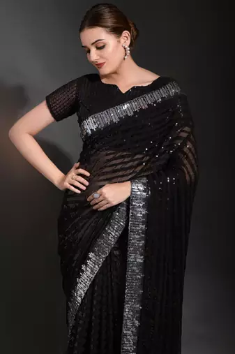 Black Georgette Sequence Party Wear Saree