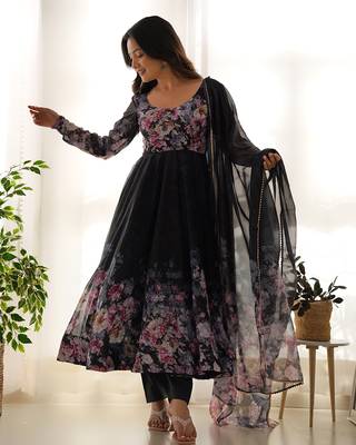  soft organza silk floral print fully flair anarkali with pent dupatta set 1