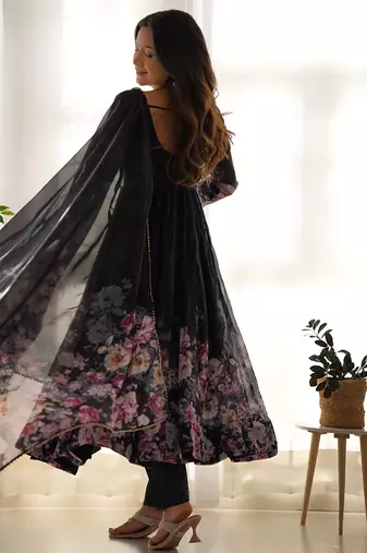  soft organza silk floral print fully flair anarkali with pent dupatta set