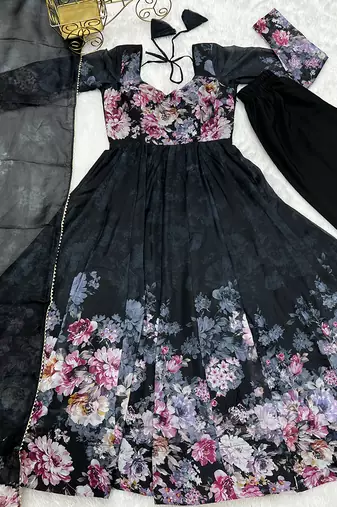  soft organza silk floral print fully flair anarkali with pent dupatta set