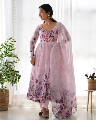  soft organza silk floral print fully flair anarkali with pent dupatta set 1