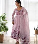 Women soft organza silk floral print fully flair anarkali with pent dupatta set