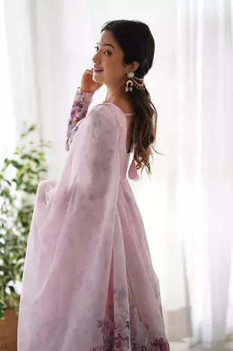  soft organza silk floral print fully flair anarkali with pent dupatta set