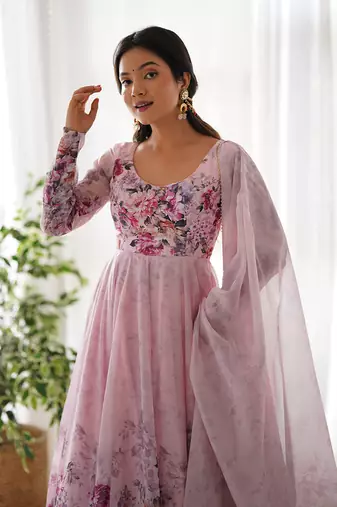  soft organza silk floral print fully flair anarkali with pent dupatta set