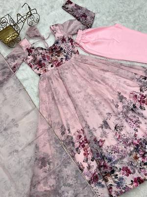  soft organza silk floral print fully flair anarkali with pent dupatta set 4