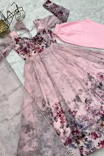  soft organza silk floral print fully flair anarkali with pent dupatta set