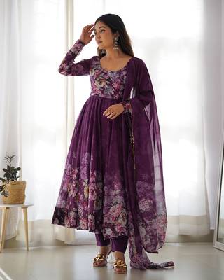  soft organza silk floral print fully flair anarkali with pent dupatta set 1