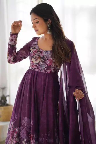  soft organza silk floral print fully flair anarkali with pent dupatta set