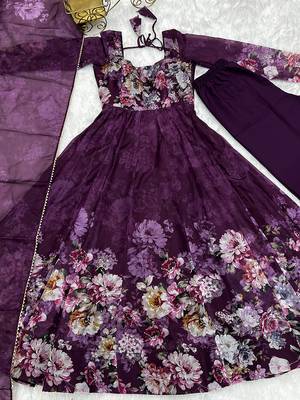  soft organza silk floral print fully flair anarkali with pent dupatta set 4