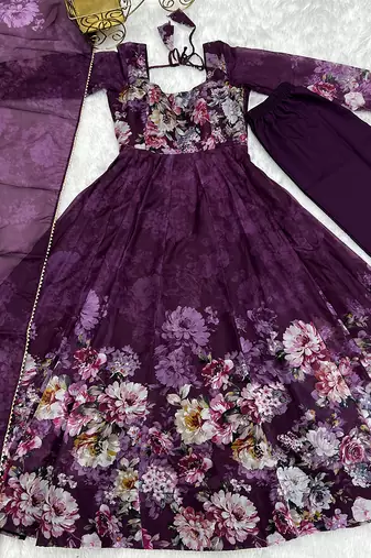  soft organza silk floral print fully flair anarkali with pent dupatta set