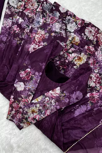  soft organza silk floral print fully flair anarkali with pent dupatta set