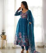 Women soft organza silk floral print fully flair anarkali with pent dupatta set