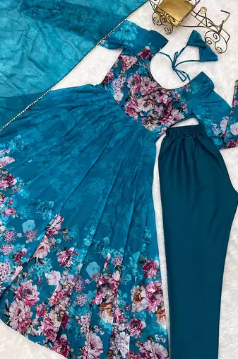  soft organza silk floral print fully flair anarkali with pent dupatta set