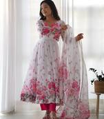 Women soft organza silk floral print fully flair anarkali with pent dupatta set