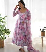 Women soft organza silk print fully flair anarkali with pent dupatta set