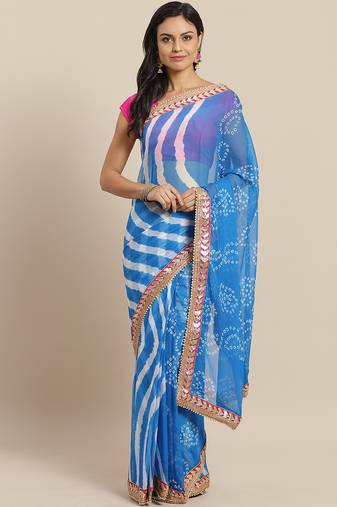 Hand Dyed Blue Bandhani Chiffon Sustainable Saree