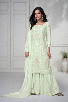 Pista Green Embroidered Chinnon Free Size Stitched Straight Sharara Suit (Size Upto 42) Up To 42" Size 1