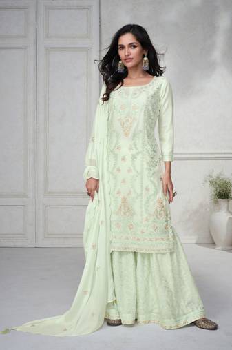Pista Green Embroidered Chinnon Free Size Stitched Straight Sharara Suit (Size Upto 42) Up To 42" Size
