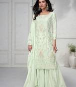 Pista Green Embroidered Chinnon Free Size Stitched Straight Sharara Suit (Size Upto 42) Up To 42" Size