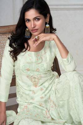 Pista Green Embroidered Chinnon Free Size Stitched Straight Sharara Suit (Size Upto 42) Up To 42" Size 2