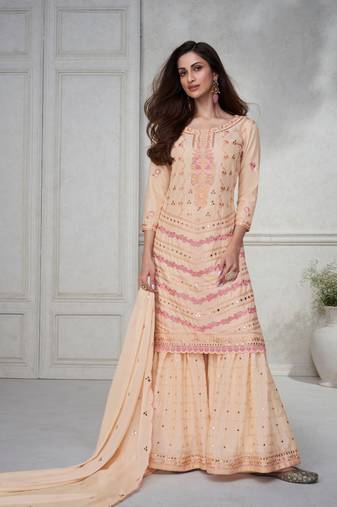 Peach Embroidered Chinnon Free Size Stitched Straight Sharara Suit (Size Upto 42) Free size full stitched Up To 42" Size