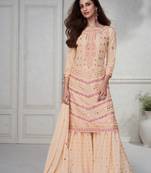 Peach Embroidered Chinnon Free Size Stitched Straight Sharara Suit (Size Upto 42) Free size full stitched Up To 42" Size