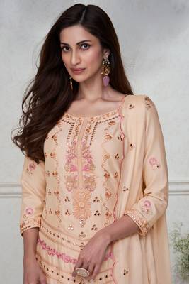 Peach Embroidered Chinnon Free Size Stitched Straight Sharara Suit (Size Upto 42) Free size full stitched Up To 42" Size 2