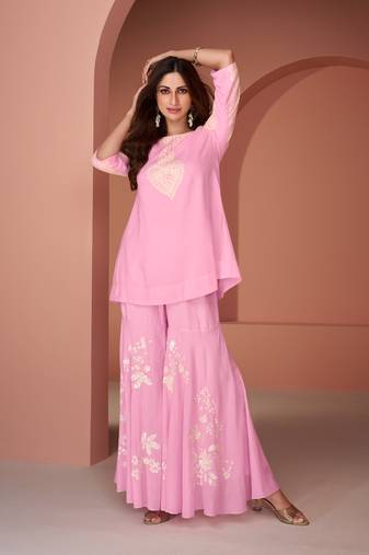 Pink Embroidered Cotton Silk Free Size Stitched Anarkali Sharara Suit (Size Upto 42) Free size full stitched Up To 42" Size