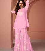 Pink Embroidered Cotton Silk Free Size Stitched Anarkali Sharara Suit