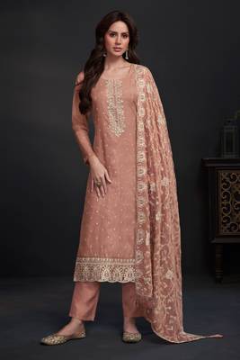 Peach Embroidered Organza Semi Stitched Straight Pant Suit Up To 42" Size 1
