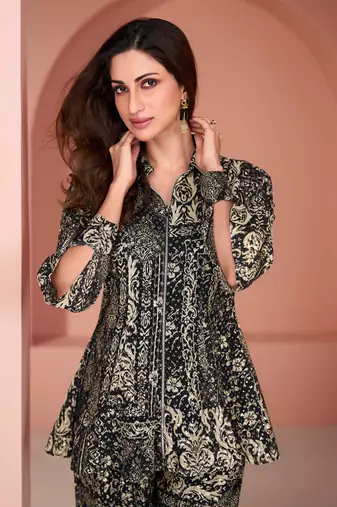 Black Embroidered Georgette Free Size Stitched Anarkali Palazzo Suit (Size Upto 42) Free size full stitched Up To 42" Size